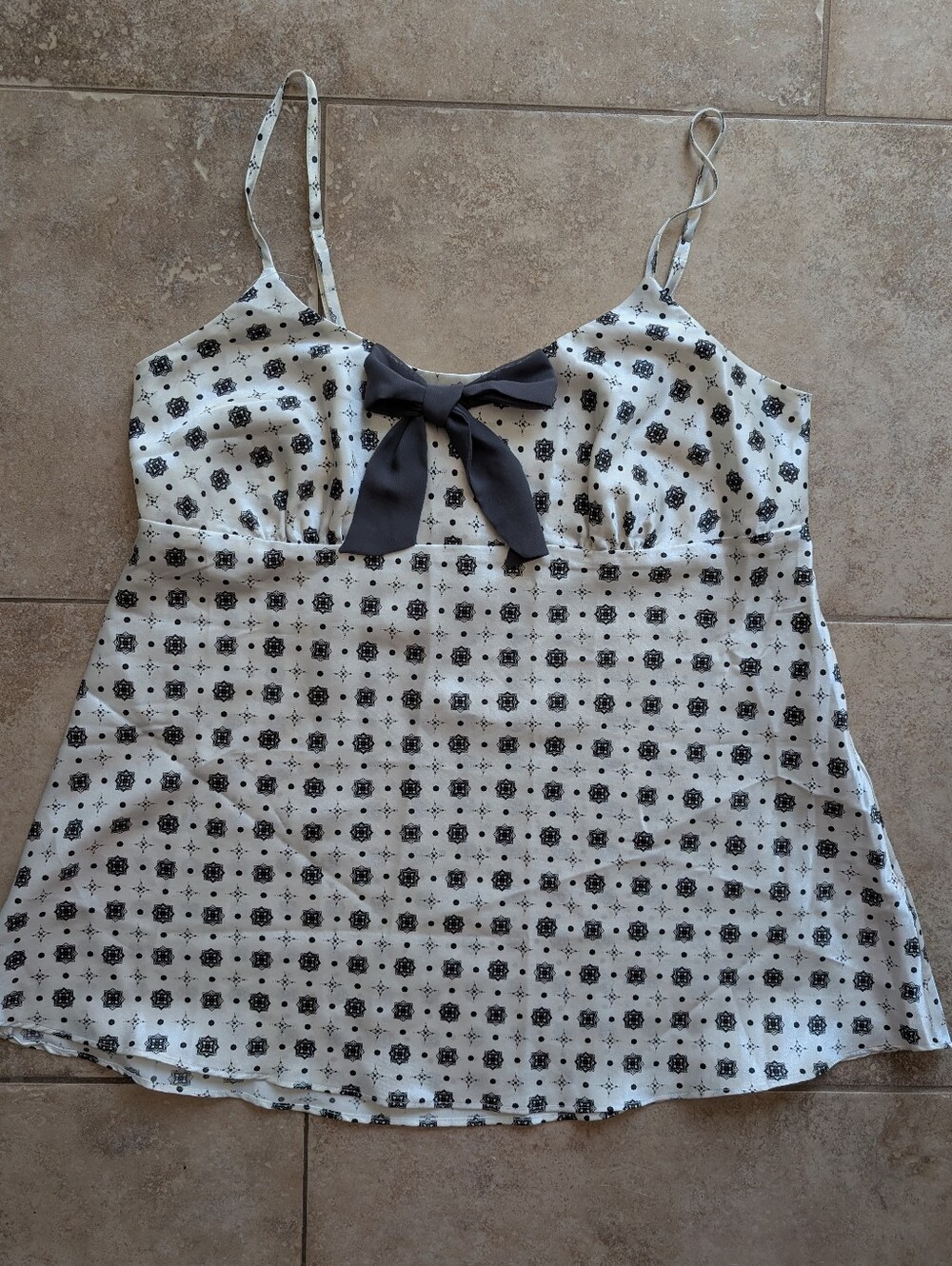 Satin babydoll off white with dark gray pattern and bow